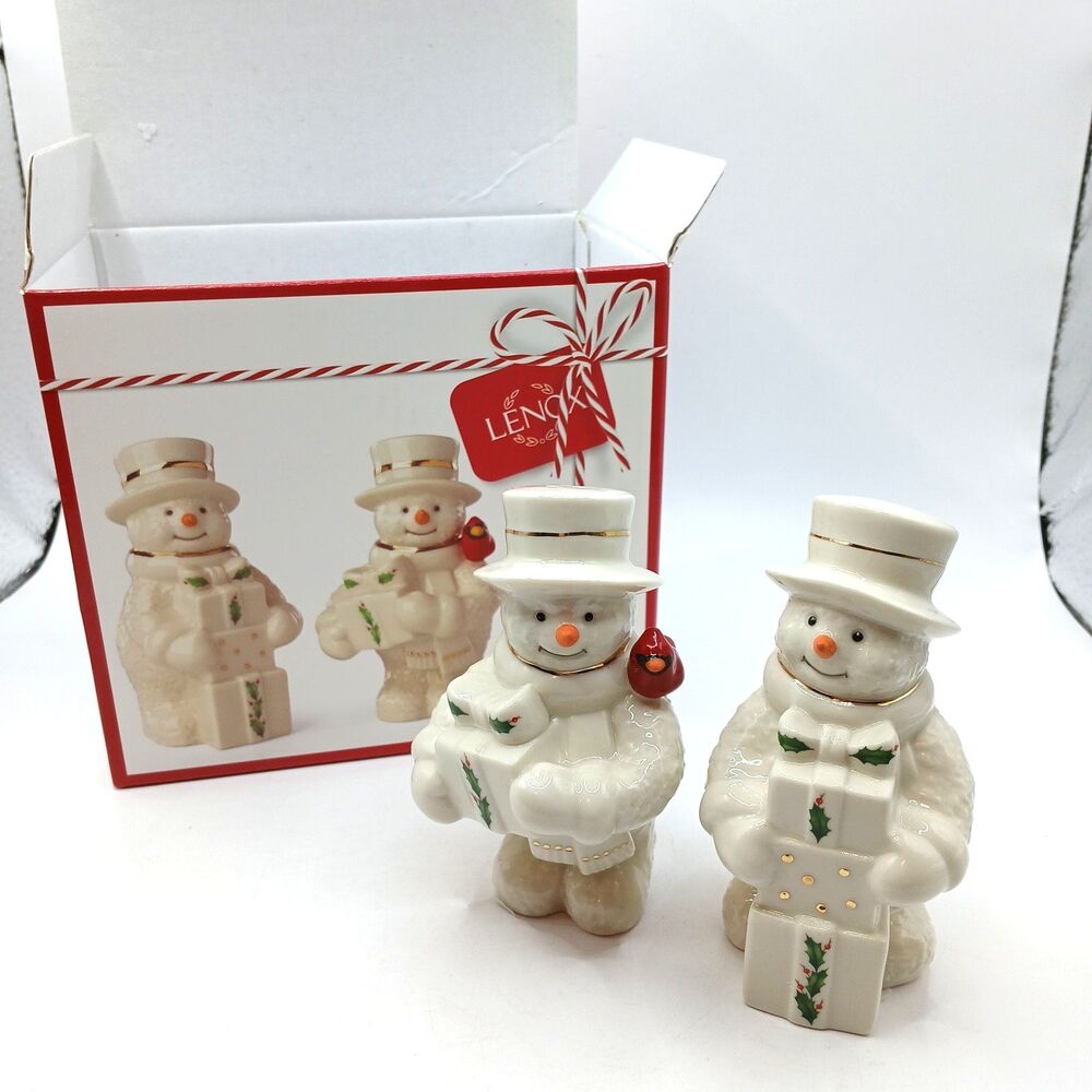 LENOX Porcelain Snowman Cardinal Bird Salt & Pepper Set Happy Holly Days NIB